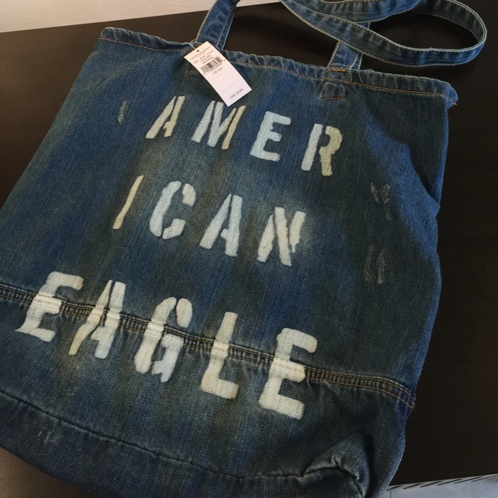 American Eagle Blue Denim Graphic Stenciled Shoulder Tote Bag NWT